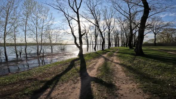 A Man Walks Along a Dirt Road Along a Blue Lake