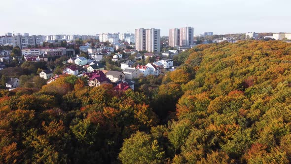 Aerial view on autumn park in european city