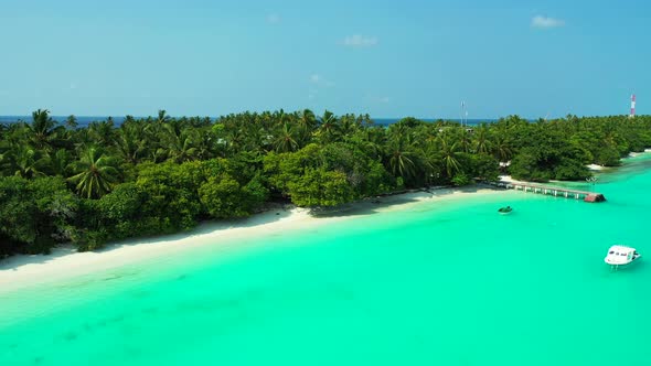 Tropical birds eye island view of a summer white paradise sand beach and blue water background in hi