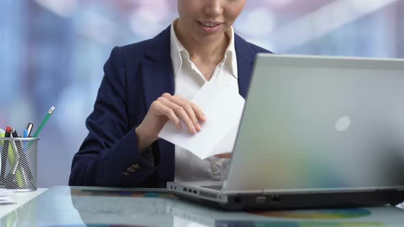 Joyful Employee Receiving Letter From Family With Good News, Transferring Home