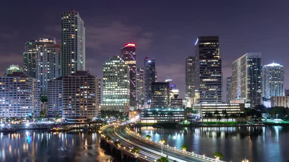 Night time lapse of the skyline of Miami Florida