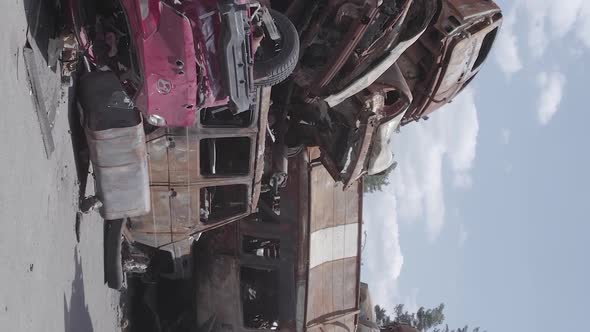 Vertical Video of a Dump of Destroyed Cars During the War in Ukraine