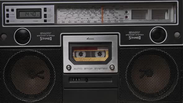 Vintage Audio Cassette Rotates in Old Tape Recorder