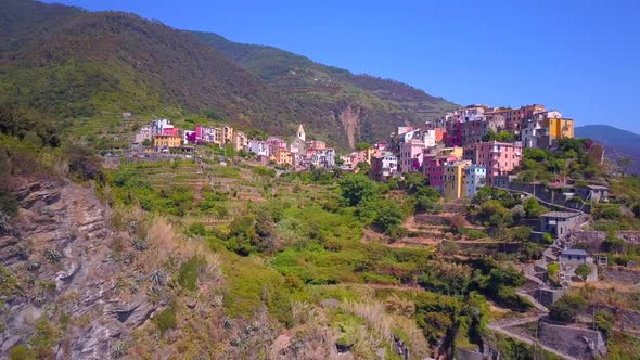 Aerial travel view of Corniglia, Cinque Terre, Italy.