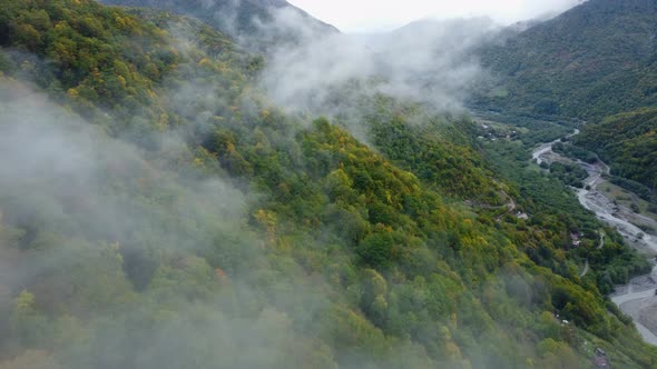 Misty Autumn Mountain Aerial View