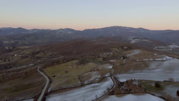 Winter aerial countryside view with snow