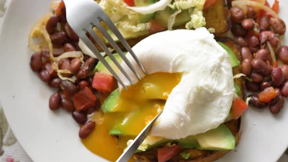 Knife and Fork Cut Pouched Egg on Canape with Vegetables