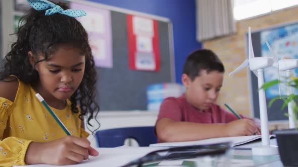 Diverse schoolchildren, learning about wind power and renewable sources of energy