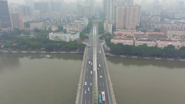 Bridge in Guangzhou, Car Traffic and Cityscape. Guangdong, China. Aerial View