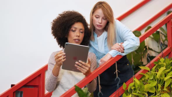 Two confident female florists talking and looking at flower