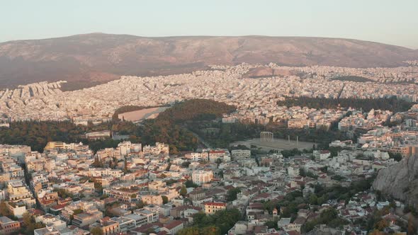 Aerial View of The Temple of Olympian Zeus in Athens, Greece During Golden Hour Sunset Light