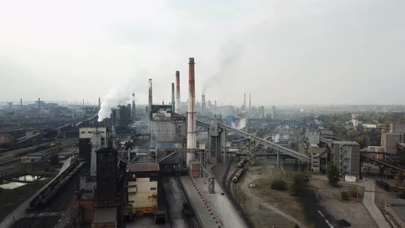 Aerial view of the coke plant. Coke production. Environmental, disaster. Ecological.