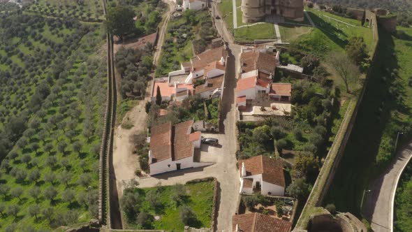 Aerial drone view of Evoramonte and castle in Alentejo, Portugal