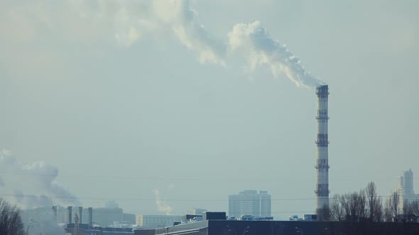 Chimney Smoke Plant Smoking Industrial Zone Air Pollution. Ecology Co2 Dioxide Emission Fog.