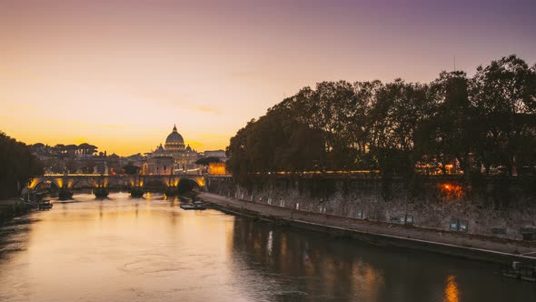 Rome, Italy Papal Basilica Of St. Peter In Vatican And Aelian Bridge In Evening Skyline