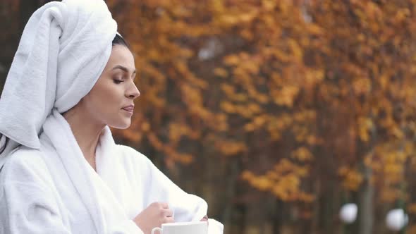 Woman Bathrobe Standing Balcony Beautiful View Forest Modern Hotel Room