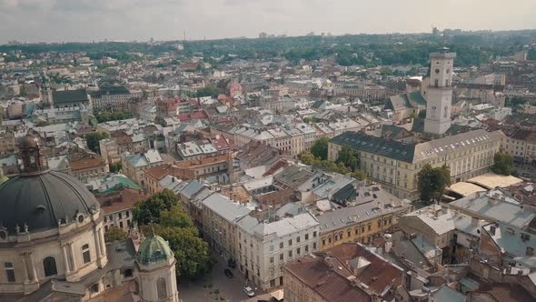 Aerial Drone Video of European City Lviv, Ukraine. Rynok Square, Central Town Hall, Dominican Church