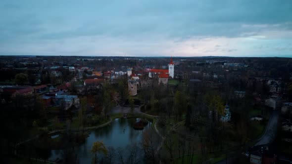 Cesis City, Latvia Aerial View With Medieval St. John’s Church and Ruins of the Beautiful Castle 