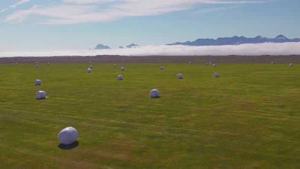 Drone Over Green Field With Covered Hay Bales