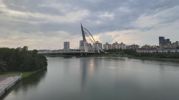 Cinematic view of Bridge, City and Lake in Putrajaya