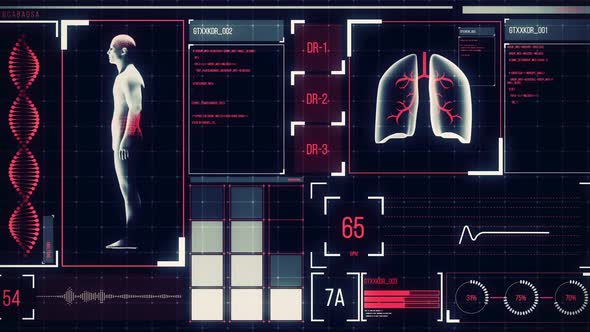 Animation of the human body analyzed on a screen, lungs and heart beat analyzed, medical information