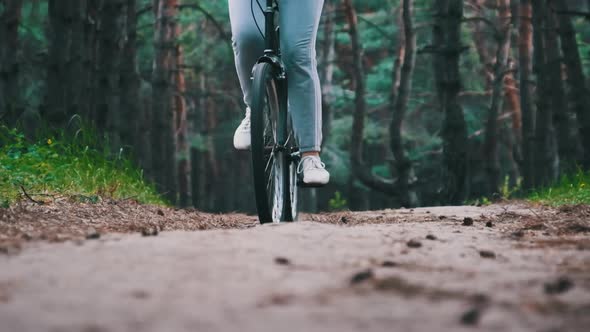 Young Woman on a Bicycle Rides Along a Forest Path in Summer Day Slow Motion