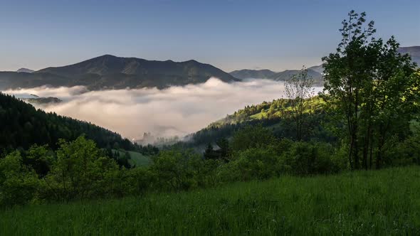 Sunrise Foggy Morning in Spring Time Lapse. Dolly Shot over Green Meadow