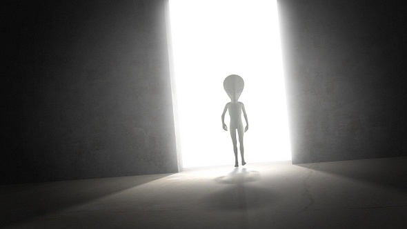 Spooky Silhouette Of A Alien And Bright Light In Background alt