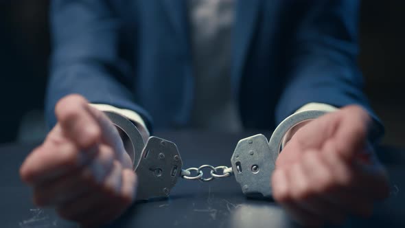 Arrested Criminal Businessman in Handcuffs in the Interrogation Room