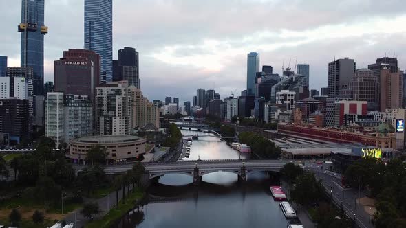 Drone flying above empty Melbourne city streets during the coronavirus-COVID-19 outbreak that has fo