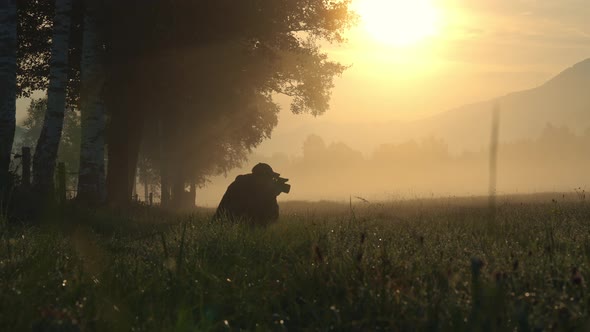 Crouching Man With Camera In Sunlit Meadow At Dawn