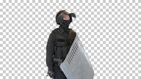 Special unit riot policeman with a shield, Alpha Channel