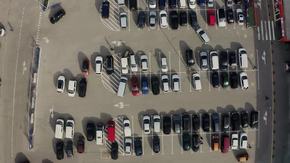Aerial Drone View From Drone of Parking Lot of the Business Center Shopping Mall Supermarket with