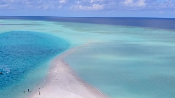 Drone panorama of tropical resort beach break by ocean and sand background