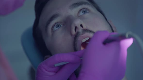 Female Gloved Hands of Dentist Checking Tooth of Bearded Patient