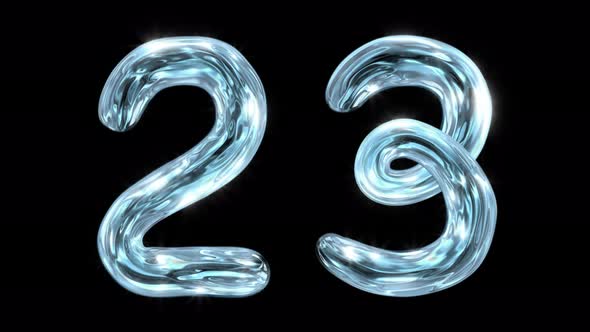 The water alphabet. Liquid digits 2 3 appear, fluctuate for 12 seconds, and disappear.