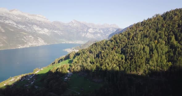 Panorama in Switzerland with the Walensee and a forest in Murg.