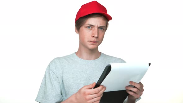 Portrait of Young Man Wearing Red Cap and Grey Tshirt Seriously Examining Documents Gesturing OK