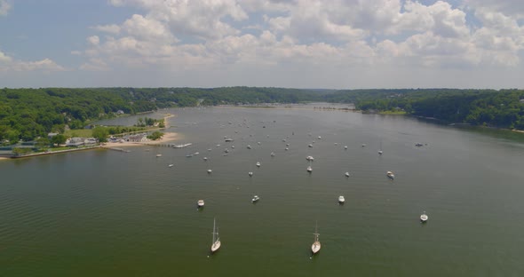 Forward Aerial Pan of Boats Anchored on Cold Spring Harbor Long Island