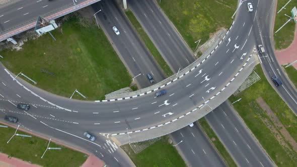 Flight Over City Roads. Above A Multilevel Road Junction