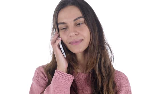 Phone Talk Young Latin Girl Answering Call White Background