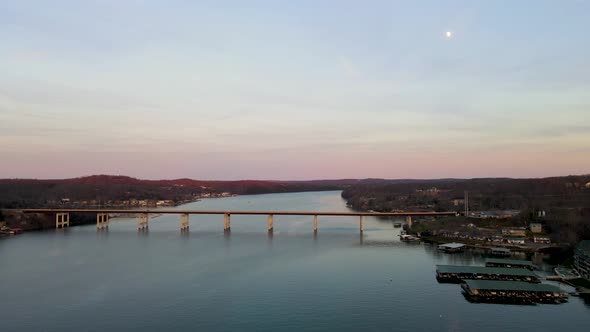 Beautiful Missouri Sunset with Bridge Crossing Lake of the Ozarks, Aerial