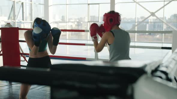 Slow Motion of Active Young Women Boxing Wearing Safety Helmets and Gloves Indoors in Gym