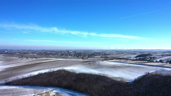 Aerial View Of Snow Farmland In Wine Region Near Zistersdorf In Weinviertel, Lower Austria.