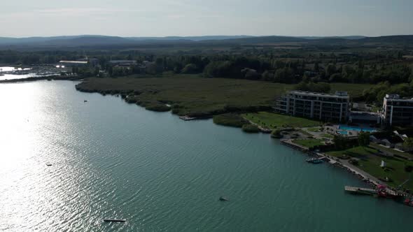 Aerial View of Lake Balaton in Hungary Coast of Balatonfured Sunny Day