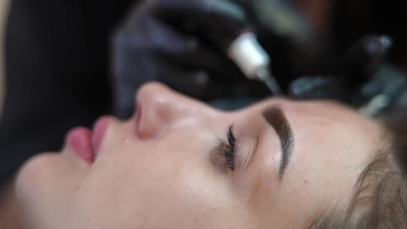 Side View Face of Woman with Tattooed Eyebrow and Blurred Beautician Hands Tattooing Second at