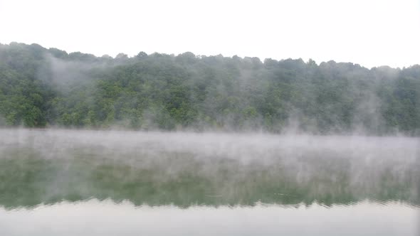 Fog over the forest with the river. Beautiful morning landscape.