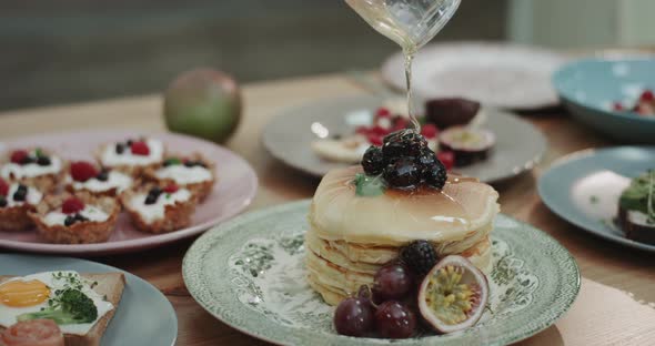 Closeup Yummy Pancakes with Blueberries in Top and