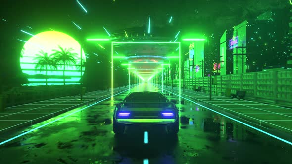 Car and City in Neon Style