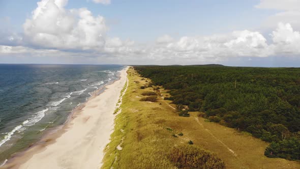 Flying over the forest and sandy beach near the Baltic Sea shore